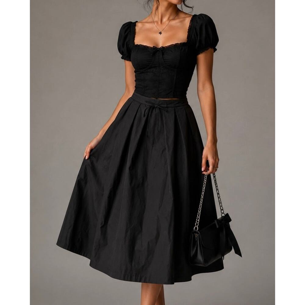 NWT Cider Womens Bow Flare Midi Skirt XS Black Dark Feminine Coquette Ballet